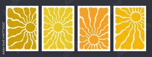 Sun ray retro backgrounds in yellow, orange, and gold with groovy wave patter...