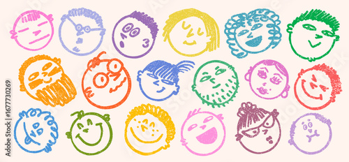 Face doodle emoji with smile in colorful stamp texture. Face icons doodle drawings with crayon texture effect. Perfect for kids designs, stickers, prints, wrapping paper