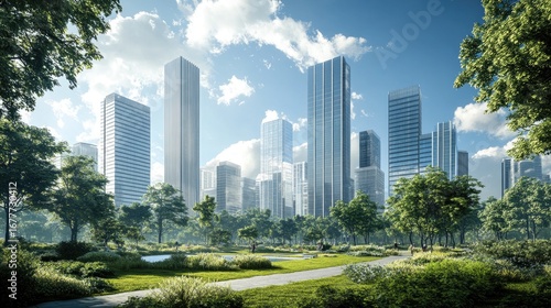 Lush park with modern city buildings