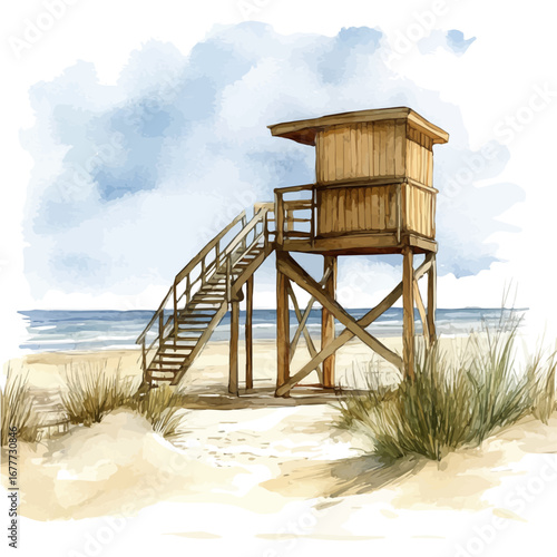 Lifeguard Tower Beach View, watercolor vector, isolated on a white background.