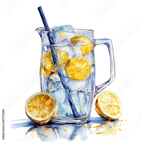 Lemonade Pitcher, watercolor vector, isolated on a white background.