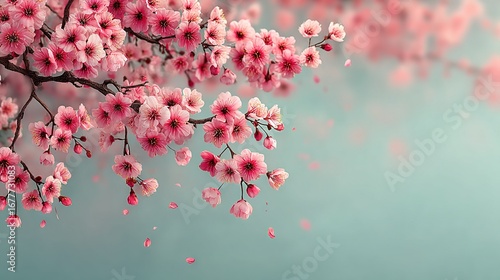   Branch of Cherry Blossom with Pink Flowers and Blue Sky Background