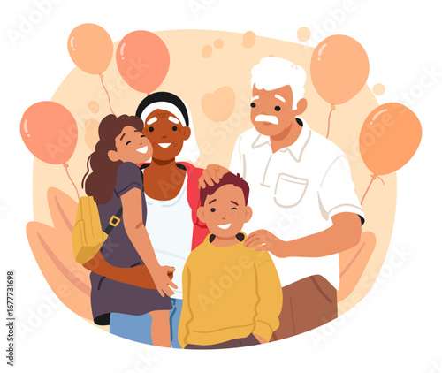 Happy grandparents and grandchildren celebrating party holiday event together cartoon scene