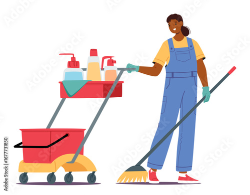 Young woman cleaning service worker cartoon character with cart filled detergent and equipment