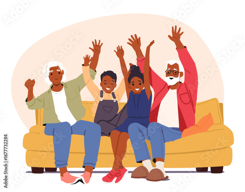 Happy excited grandparents and grandchildren characters sitting on home sofa together cartoon scene