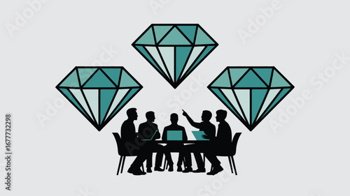 Team collaborates on valuable ideas under shining diamond symbols of success and achievement