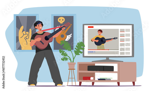 Teenage boy cartoon character playing guitar watching online tutorial of music lesson on TV