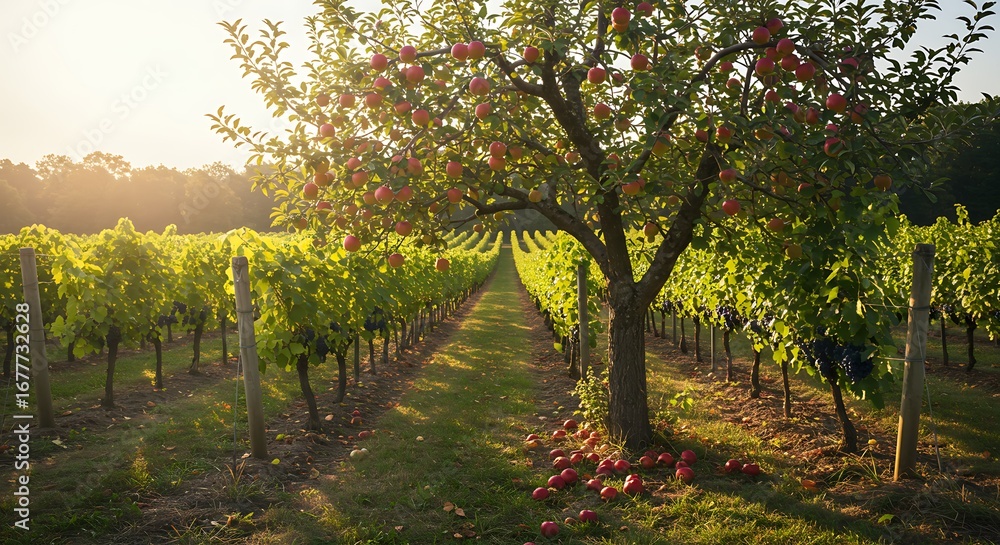 Fototapeta premium Golden hour bathes the vineyard rows and apple laden tree in pastoral glow landscape