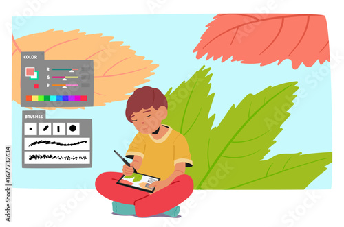 Excited boy child character drawing on touch screen using graphic editor software cartoon scene