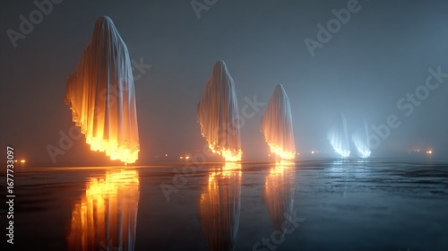   A row of towering structures abutting a tranquil waterbody amidst a hazy evening sky