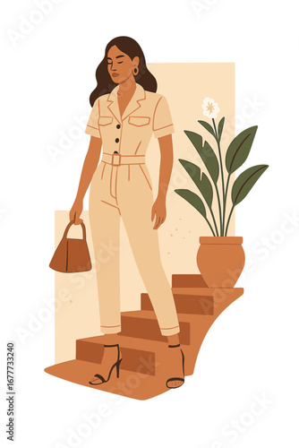 A beautiful brunette fashion model with tanned skin wears beige overalls, a buttoned suit, sandals, high heels, and accessories, showcasing her style on a safari journey during the summer collection
