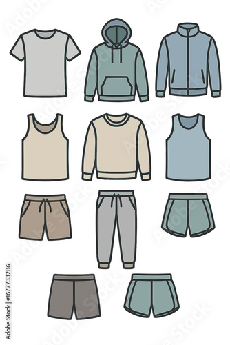 Produce drawings of different kinds of casual and sports clothing