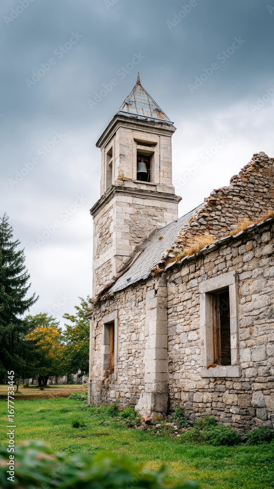 Fototapeta premium Historic broken church tower under moody skies in serene landscape