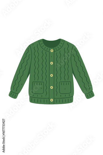 Green knitted sweater with buttons, positioned as if levitating, isolated