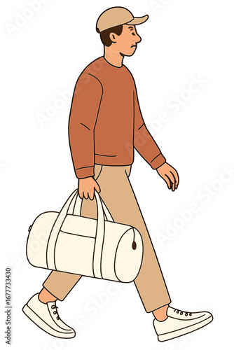 A man holds a white duffel bag while sporting matching sneakers and relaxed clothing, embodying a travel and style theme