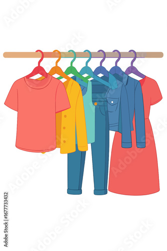 A wooden rod displayed a variety of colorful clothing hangers, showcasing an assortment of casual, stylish fashion choices