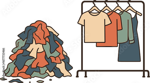 A disordered heap of textile waste stands in stark contrast to the orderly clothing display on the rack, illustrating the environmental toll of fast fashion through surplus materials, clutter, and
