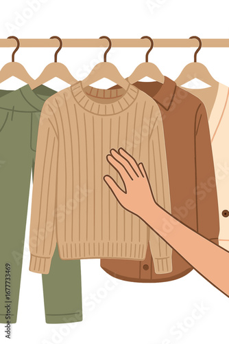A hand softly caresses a cozy sweater from a collection of ethically slow fashion pieces