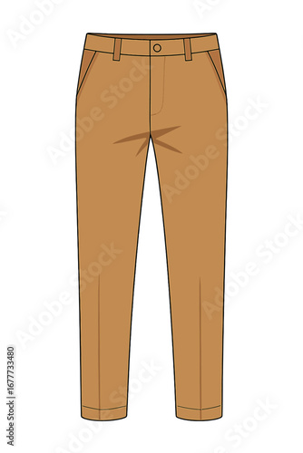 A pair of tan chinos with a classic cut displayed alone against a transparent backdrop