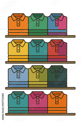 Polo shirts, neatly folded and arranged in bright colors, are stacked on shelves in a retail store, showcasing an organized and colorful clothing display