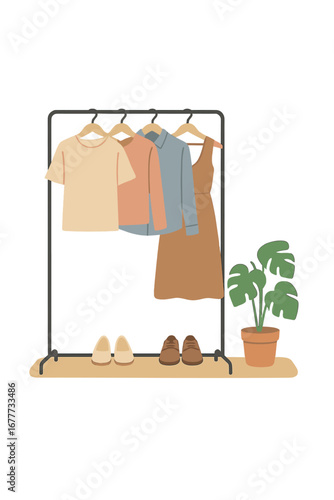 Rack holding clothes, shoes, and a houseplant in the dressing room