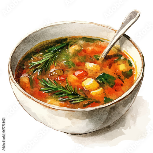 Hot Soup Bowl Winter, watercolor painting vector, isolated on a white background.