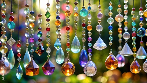 Colorful glass beads hanging in the sun outdoors