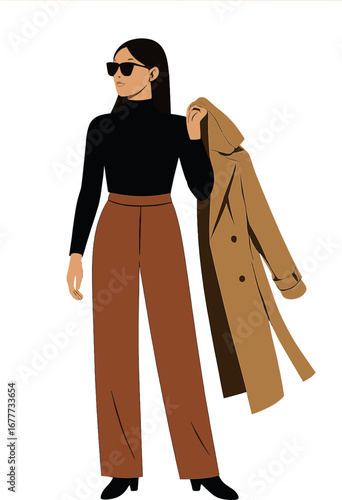 A wide-angle view of a stylish woman clutching a trench coat, gazing away, standing alone against a gray backdrop