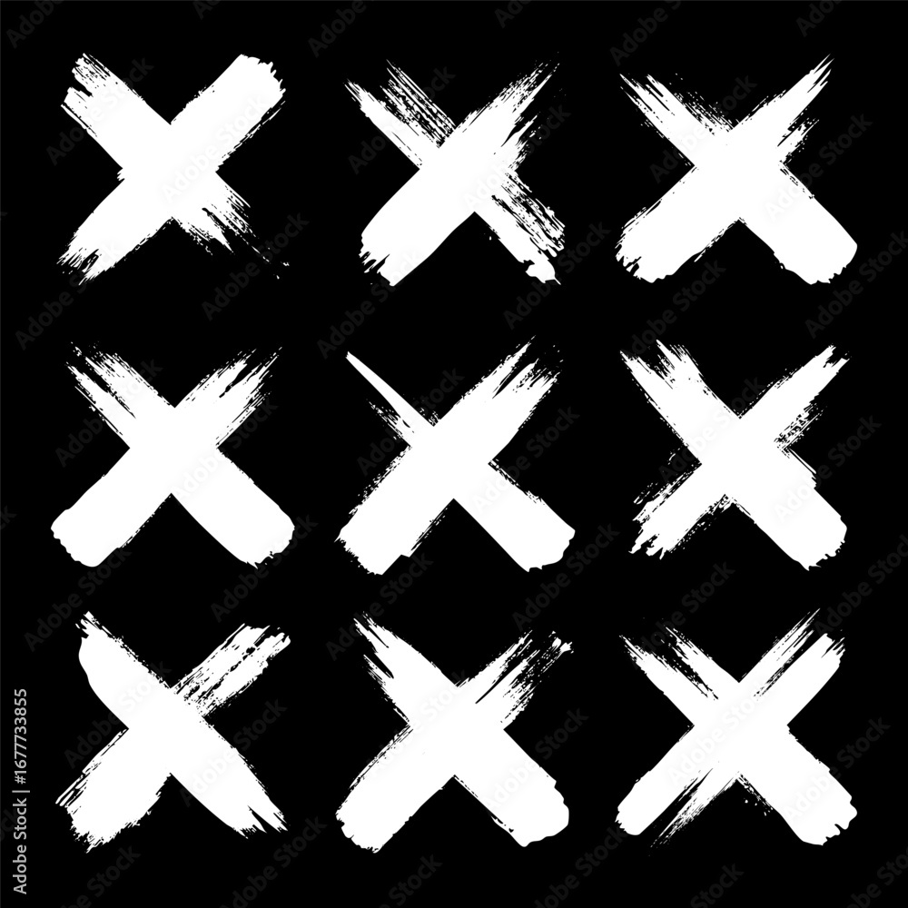 Obraz premium Grunge crosses, brush strokes, x mark, lines, ink smudges, hand-drawn scribble shapes. Handmade sketchy marks, acrylic stains, charcoal streaks. Paint textures, dry brush effect. Vector illustration
