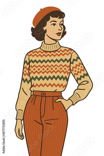 A vintage-style woman dons a patterned sweater and high-waisted corduroy pants, set against a contrasting backdrop that highlights her retro look