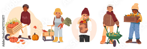 Cute children cartoon characters carrying eco farm products in basket and wheelbarrow isolated set