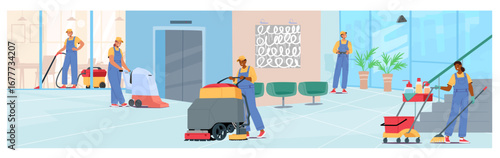 Cleaning service workers team wearing uniform using professional equipment cleansing office premises