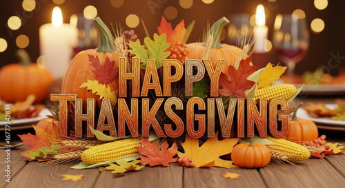 Happy Thanksgiving Dinner Table with Pumpkins, Corn, Candles, and Autumn Leaves – Festive Holiday Greeting Card Design