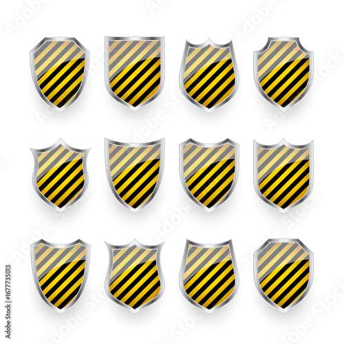 Glossy shields with yellow and black pattern. Security and protection concept. Cyber safety icons, internet privacy, web defense, digital data protection and antivirus themes. Vector illustration