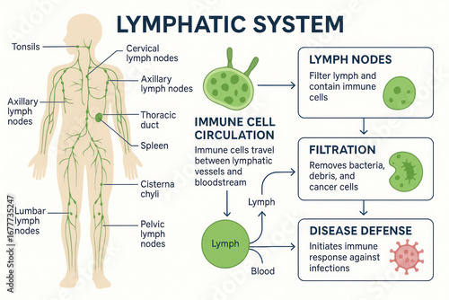 Lymphatic System Diagram: Anatomy, Immune Response, and Filtration Illustration