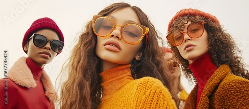 Group of stylish people posing with shades and warm clothes against a soft background