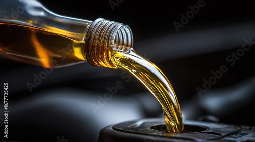 Golden fluid streams from a clear bottle, filling an opening. A close-up capturing the essence of lubrication and maintenance in a dark, industrial setting.