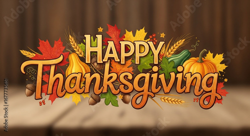 Happy Thanksgiving Greeting with Pumpkins, Autumn Leaves, Acorns, and Ribbon Text in Fall Forest Background – Festive Seasonal Holiday Design