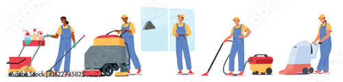 Man and woman cleaning service company workers cartoon characters isolated set on white background