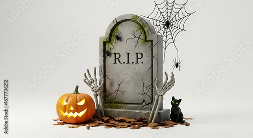 A halloween scene featuring a tombstone, pumpkin, skeleton hands, spider web and a black cat