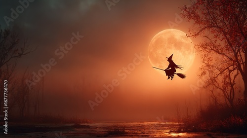   A witch riding a broom soars in front of the full moon over a tree-lined river