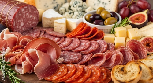 Gourmet Charcuterie Board with Assorted Meats Cheeses and Olives.