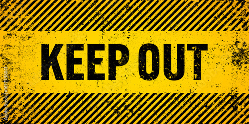 Warning sign with yellow and black diagonal lines. Attention, danger or caution symbol. Construction site signage, road safety notice, hazard banner, security alert shield. Vector illustration