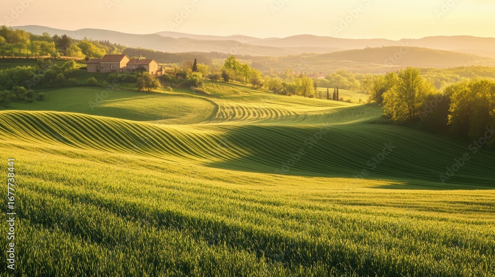 Fototapeta premium A serene landscape with rolling green hills, gentle slopes, and a warm sunset illuminating a quaint farmstead.
