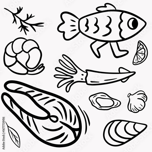 Fish delicacies, salmon, squid, dorado, shrimp, mussel