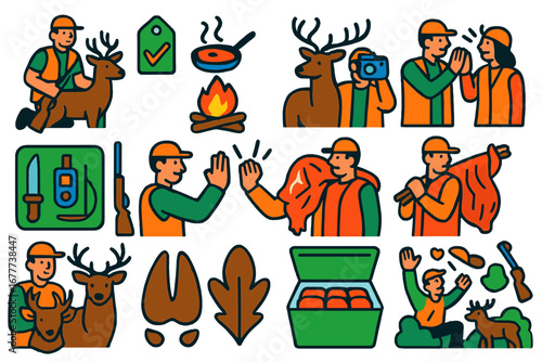 Hunting Achievement Icons. Flat vector icons of hunting success moments: first deer, full tag, campfire meal, game photo, gear