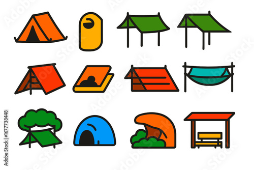 Hiking Shelter Icons. Flat vector icons of hiking shelters: tent, bivy sack, tarp setup, lean-to shelter, emergency blanket,