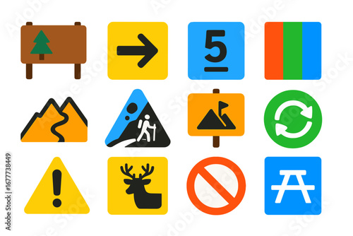 Trail Sign Icons. Flat vector icons of trail signs and markers: trailhead sign, direction arrow, distance marker, color-coded