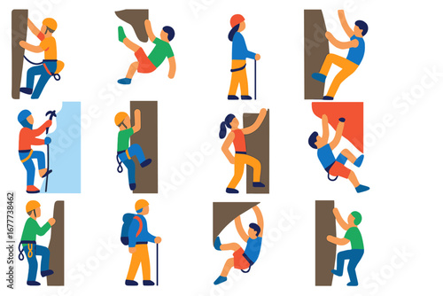 Climbing Icon Set. Flat vector icons of climbers: lead climber, boulderer, belayer, free soloist, multi-pitch team, ice climber,