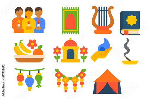 Religious Festival Icons. Flat vector icons of religious festivals: candle procession, prayer mat, sacred music, offering plate,